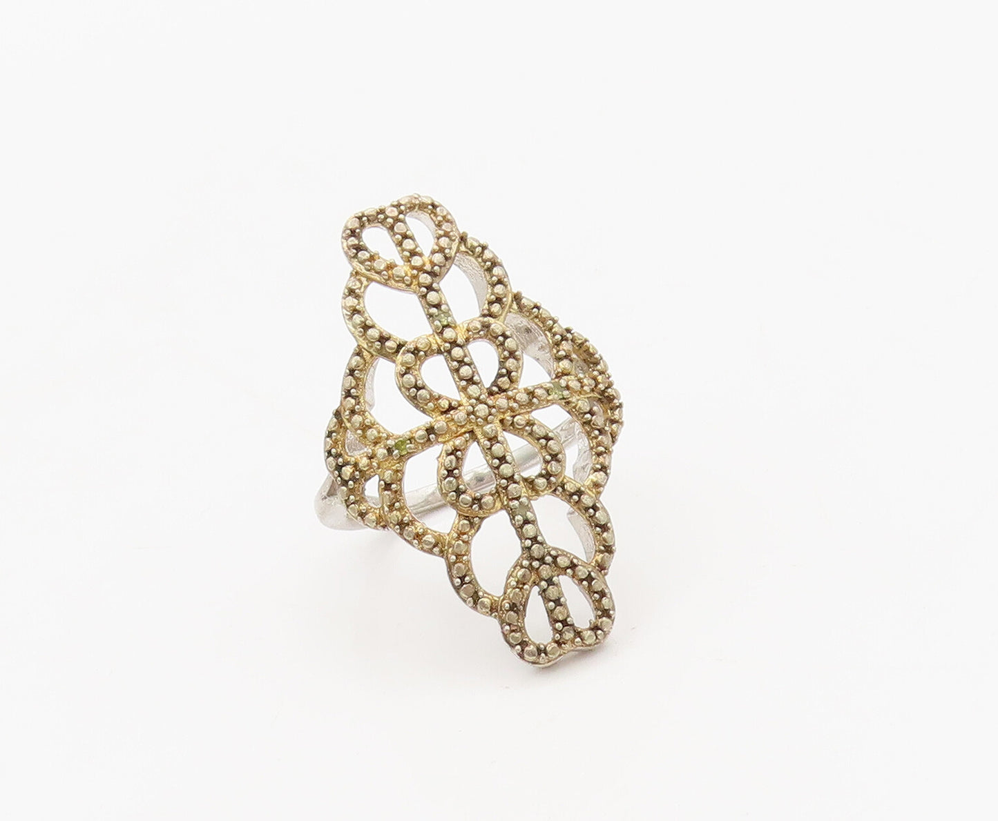 925 Sterling Silver  Vintage Gold Plated Swirly Beaded Loop Ring Sz 6  RG27476
