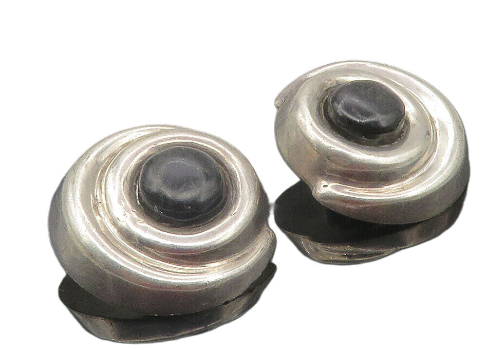 MEXICO 925 Silver  Vintage Black Onyx Round Swirl Non Pierce Earrings  EG6052