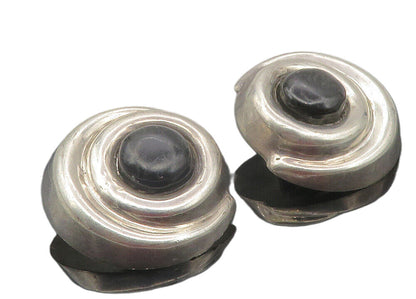 MEXICO 925 Silver  Vintage Black Onyx Round Swirl Non Pierce Earrings  EG6052