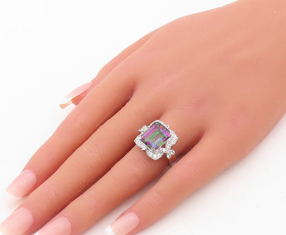 925 Sterling Silver Vintage Ring Mystic Topaz Floral Carved CZ  Sz 7.5  RG30232