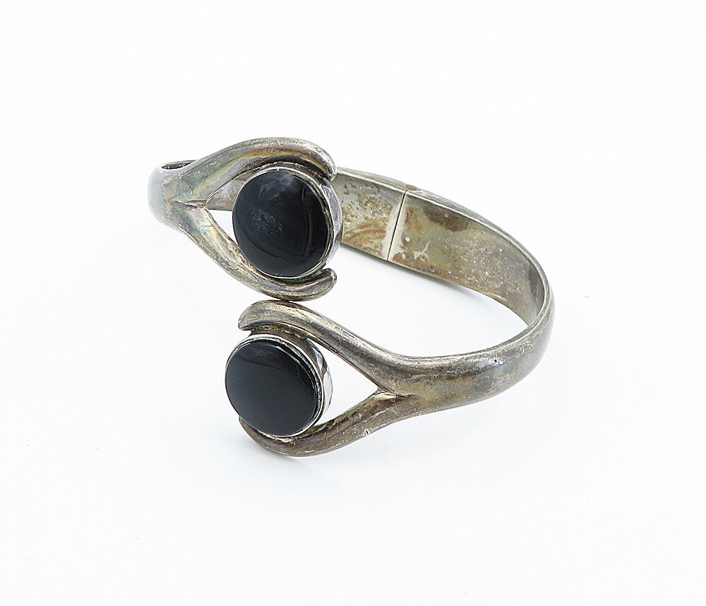 MEXICO 925 Sterling Silver  Vintage Black Onyx Bypass Bangle Bracelet  BT2822