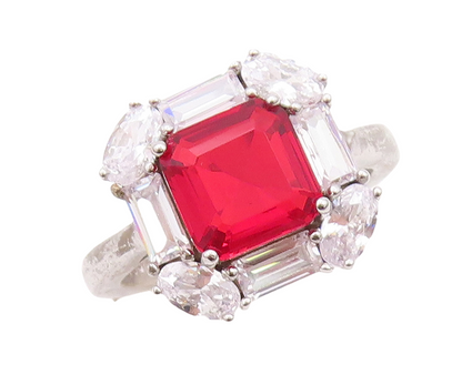 925 Sterling Silver Vintage Ring Square Red Halo White CZ Frame  Sz 7  RG30261