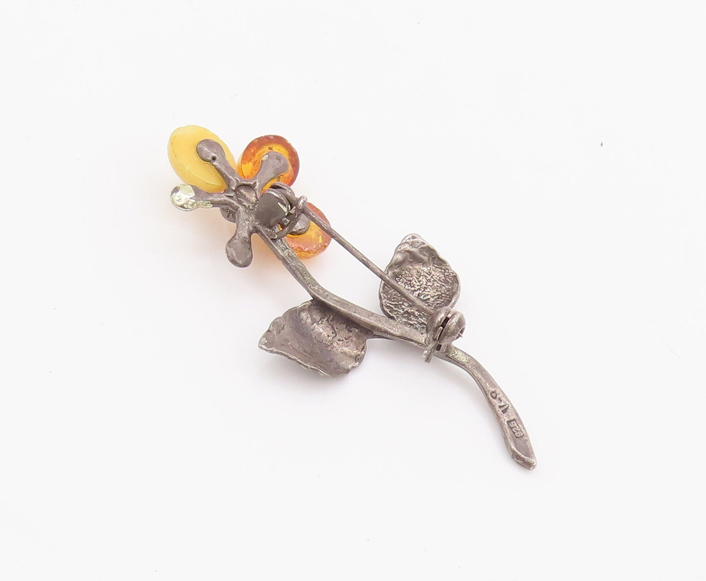 925 Sterling Silver Vintage Brooch Pin POLAND Amber Leaves Carved Flower BP10681