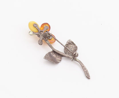 925 Sterling Silver Vintage Brooch Pin POLAND Amber Leaves Carved Flower BP10681