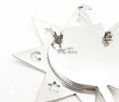 MEXICO 925 Sterling Silver  Vintage Shiny Sun Face & Stars Brooch Pin  BP3375