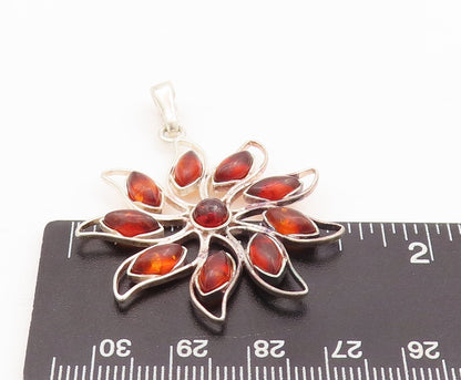 925 Sterling Silver Vintage Pendant Cutout Cabochon Amber Flower  PT23405