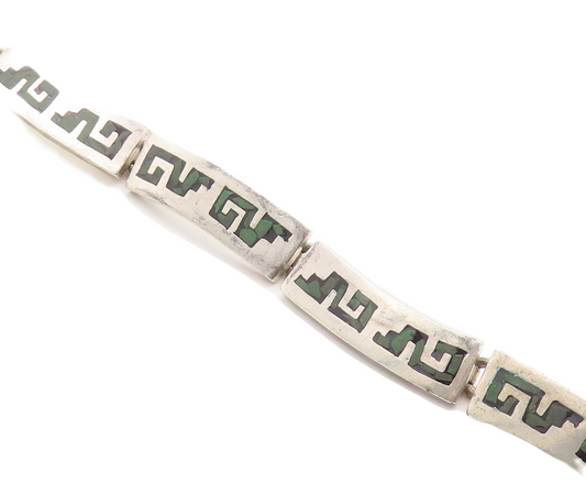 MEXICO 925 Sterling Silver  Vintage Jasper Mosaic Bar Chain Bracelet  BT1377