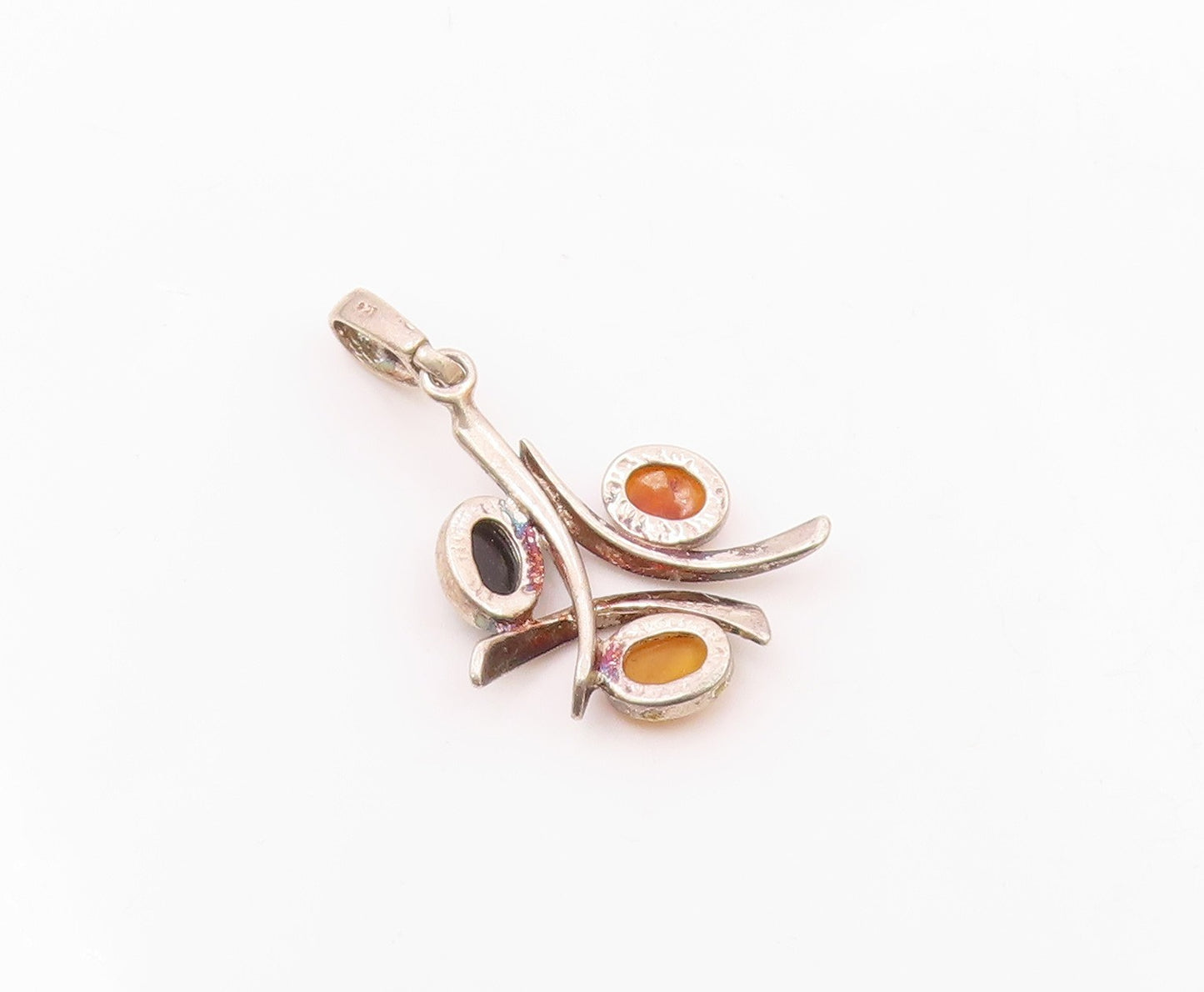 925 Sterling Silver  Vintage Cabochon Cut Amber 3 Stone Pendant  PT15701