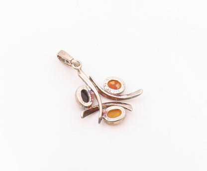 925 Sterling Silver  Vintage Cabochon Cut Amber 3 Stone Pendant  PT15701