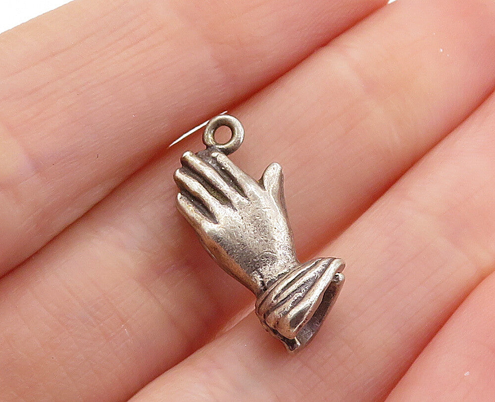 925 Sterling Silver  Vintage Petite Dark Tone Praying Hands Pendant  PT3910