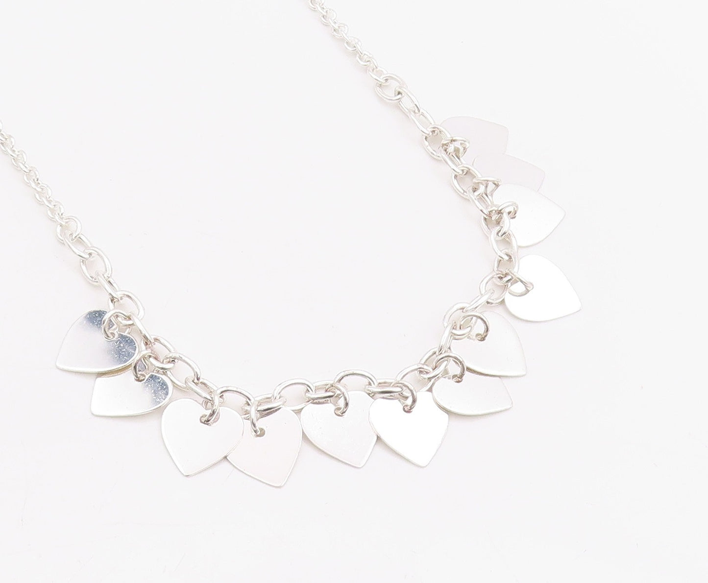 925 Sterling Silver Vintage Necklace Linked Chain Dangling Hearts Cutout  NE4581