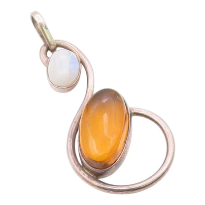 925 Sterling Silver  Cabochon Cut Amber & Moonstone Swirl Pendant  PT10774