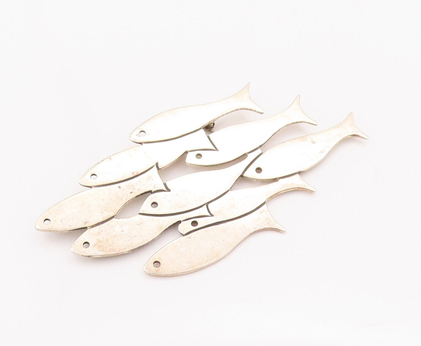925 Sterling Silver Vintage Brooch Pin MEXICO Carved School Of Fish  BP10793
