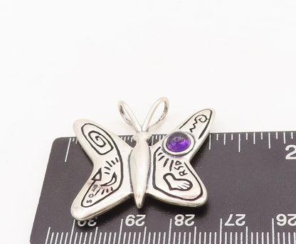 925 Sterling Silver Vintage Pendant Amethyst Swirly Etched Butterfly  PT23468