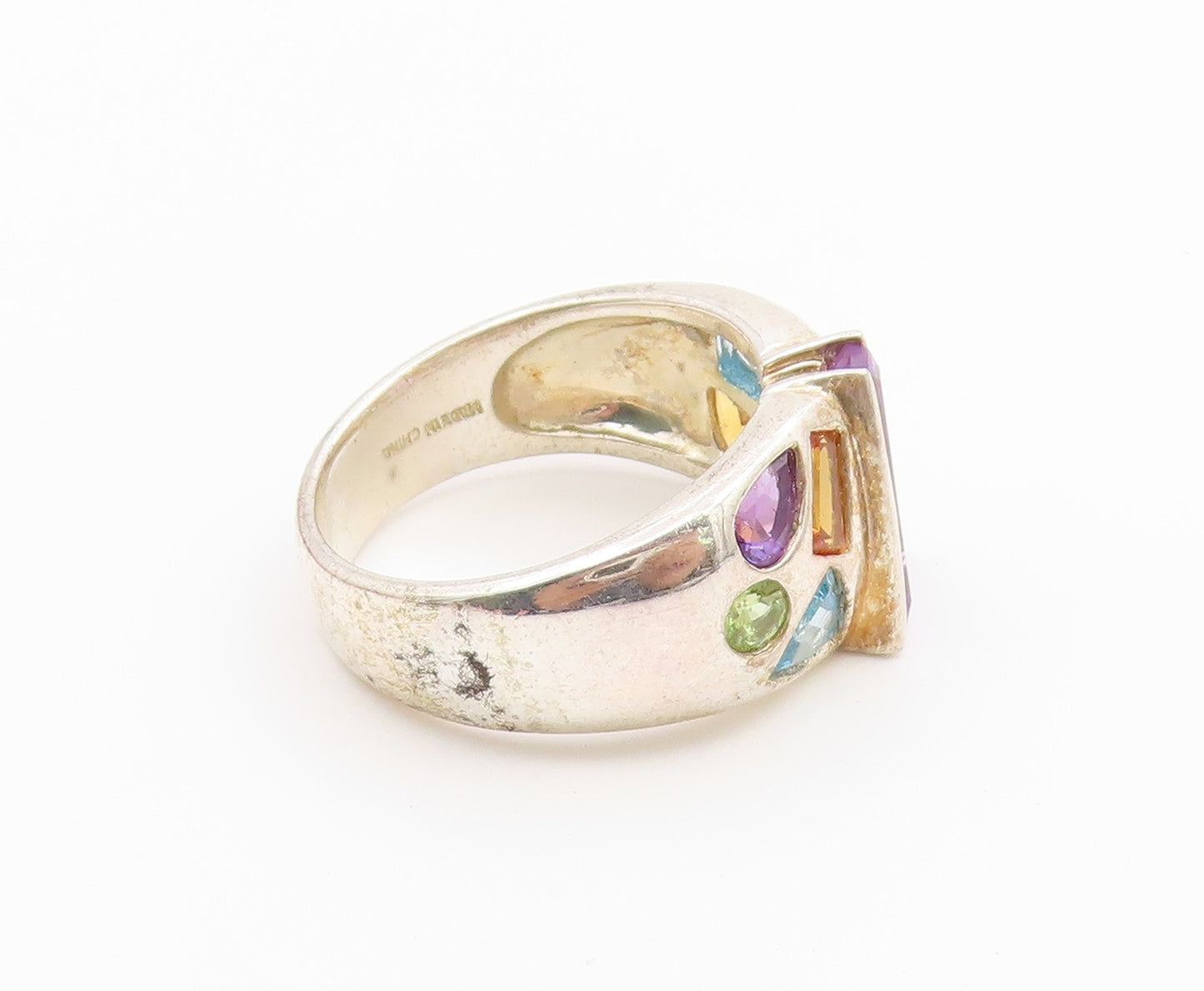 925 Sterling Silver Vintage Ring Modernist Multi Gemstone Band  Sz 9  RG36799
