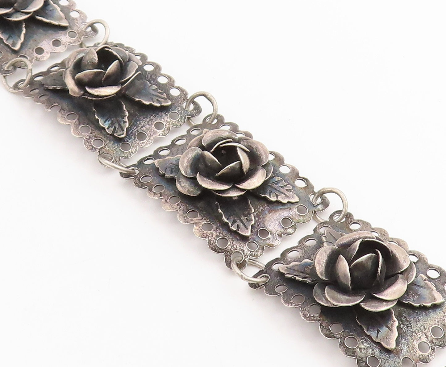 925 Sterling Silver Vintage Bracelet Dark Tone Floral Roses Link Chain  BT11429