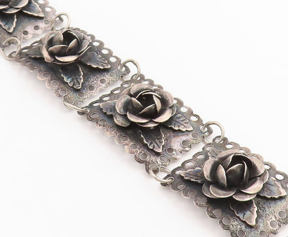 925 Sterling Silver Vintage Bracelet Dark Tone Floral Roses Link Chain  BT11429