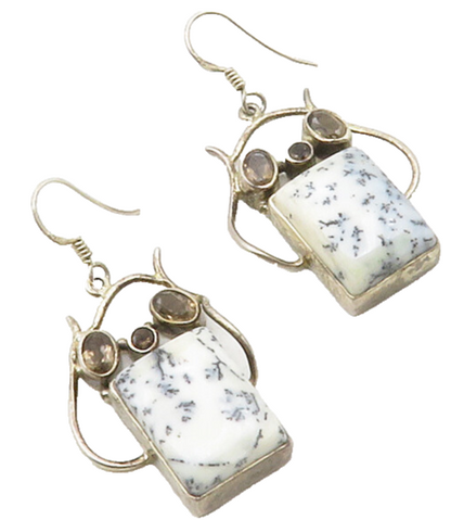 925 Sterling Silver  Vintage Dendrite Agate & Topaz Dangle Earrings  EG6359