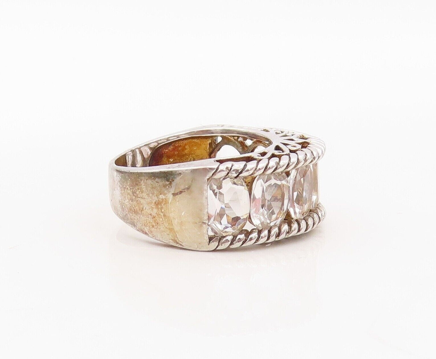 925 Sterling Silver Vintage Ring Rope Carved Oval Topaz band  Sz 8  RG29964