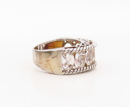 925 Sterling Silver Vintage Ring Rope Carved Oval Topaz band  Sz 8  RG29964