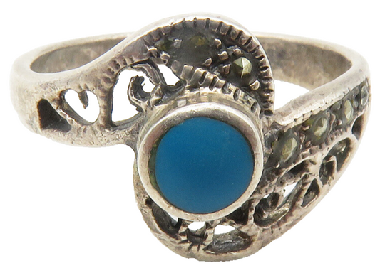 925 Sterling Silver  Vintage Turquoise & Marcasite Band Ring Sz 8.5  RG11700