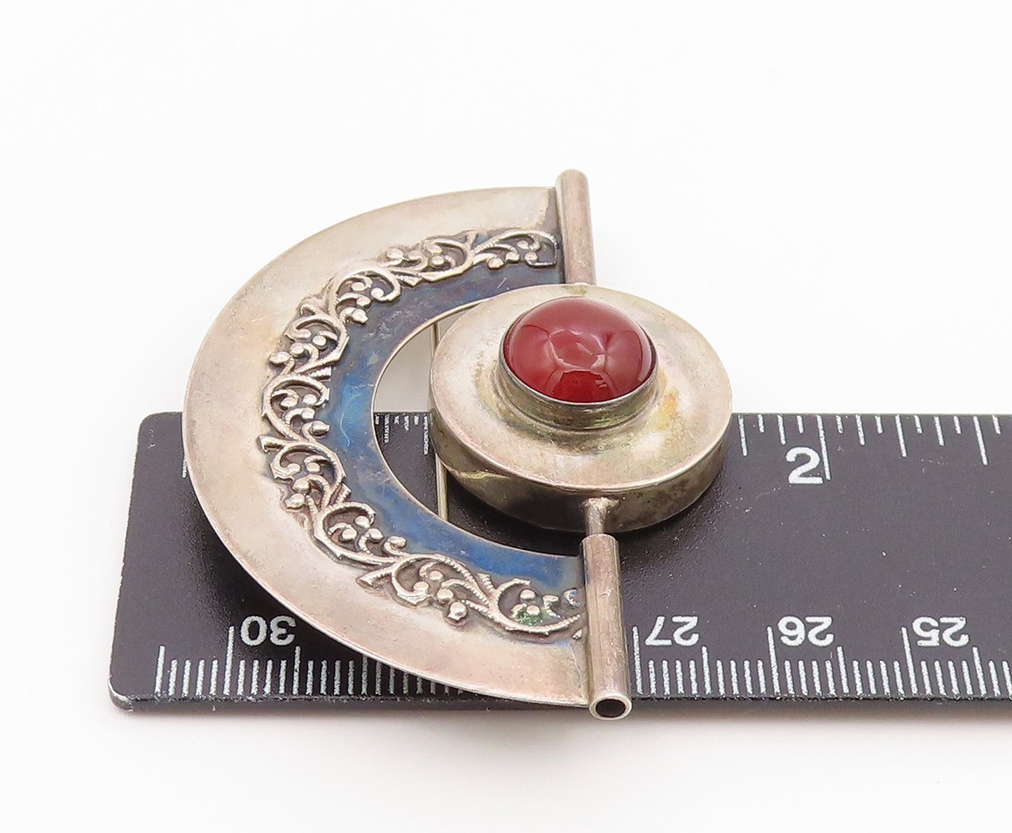 925 Sterling Silver Vintage Brooch Pin Cabochon Carnelian Filigree  BP12591
