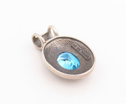 925 Sterling Silver Vintage Pendant Blue Oval Cut Topaz Swirly Carved  PT24413
