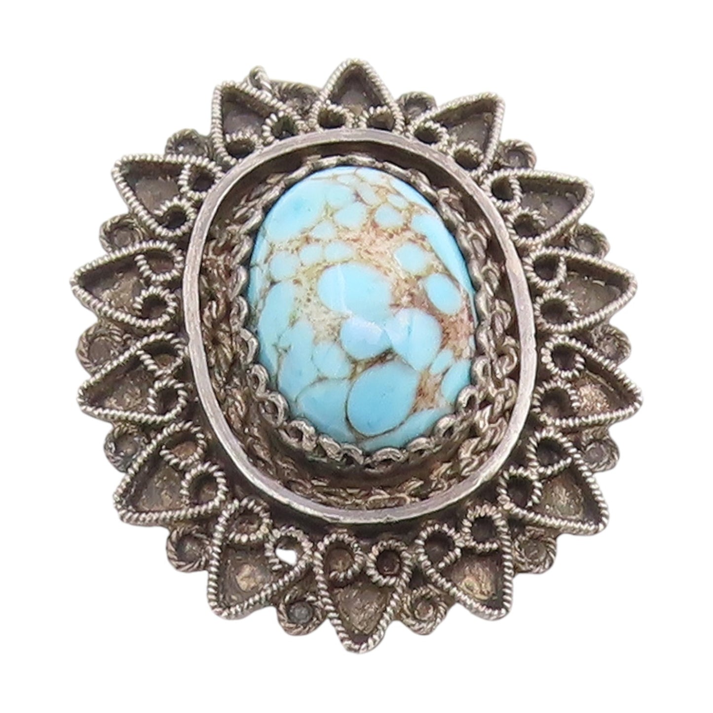 925 Sterling Silver Vintage Brooch ISRAEL Cabochon Turquoise Floral Pin  BP12423