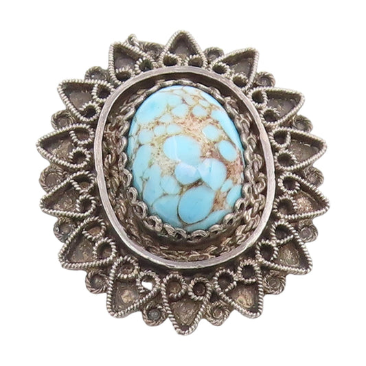 925 Sterling Silver Vintage Brooch ISRAEL Cabochon Turquoise Floral Pin  BP12423