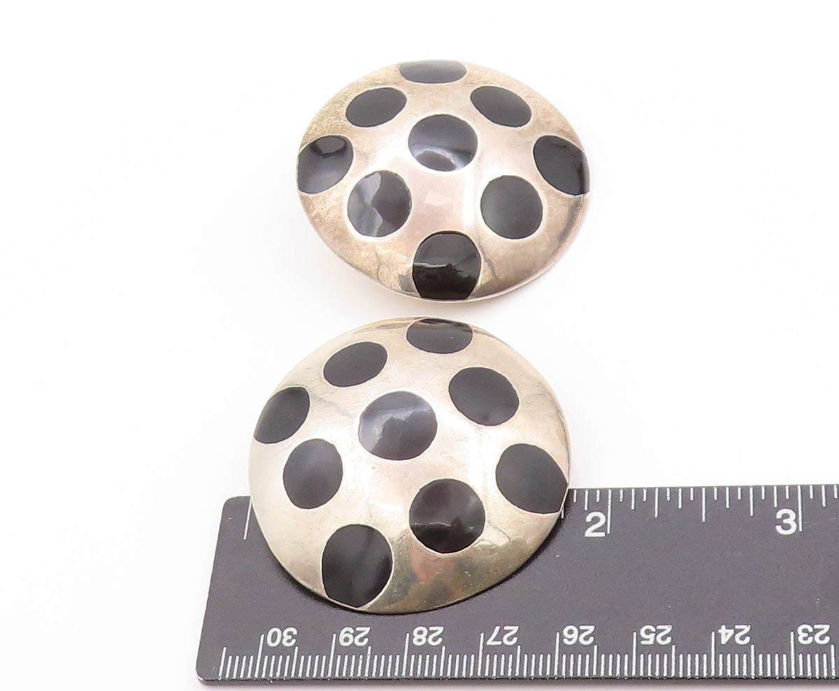 925 Sterling Silver Vintage Earrings MEXICO Polka Dot Onyx Design Disk  EG13578