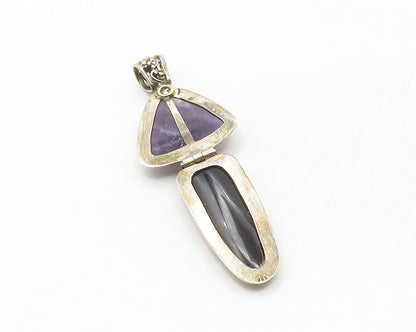 925 Sterling Silver  Vintage Amethyst & Black Onyx Hinge Drop Pendant  PT9963