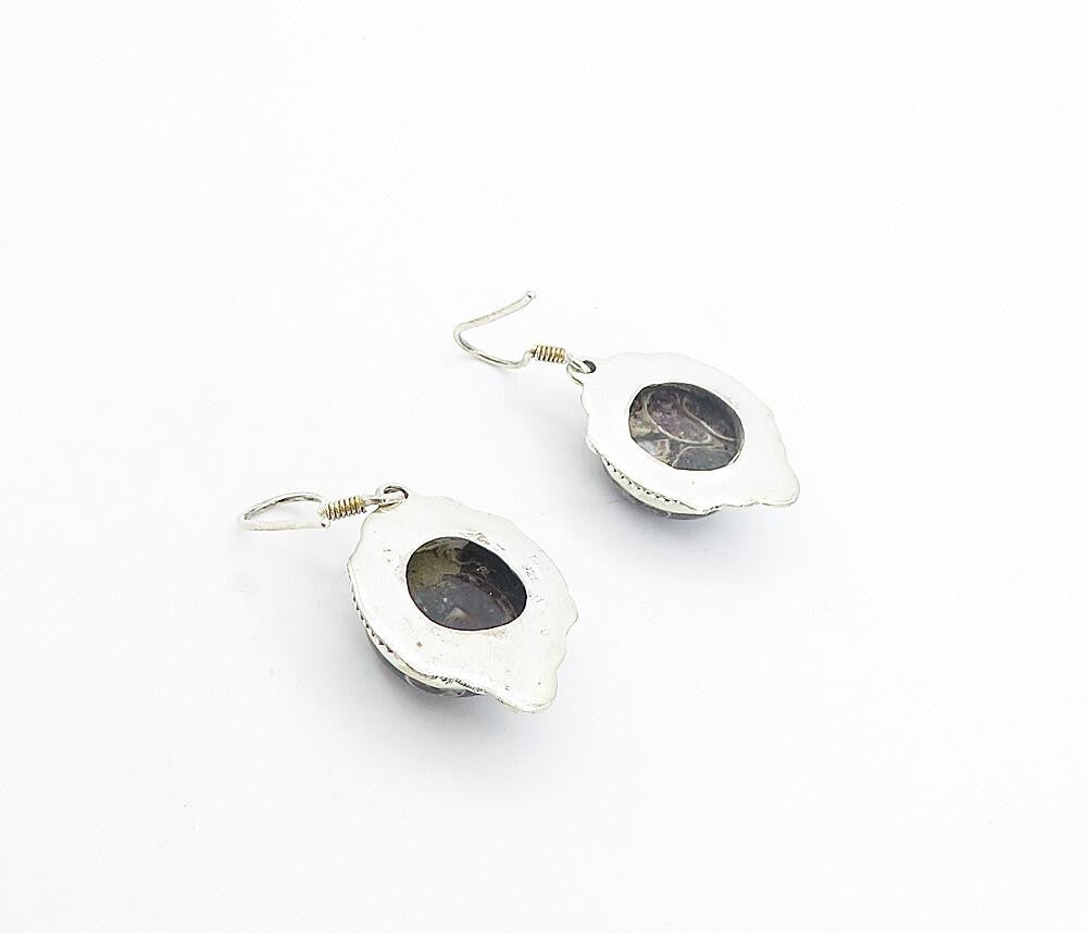 925 Sterling Silver  Vintage Cabochon Cut Spotted Jasper Drop Earrings  EG3345