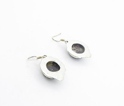 925 Sterling Silver  Vintage Cabochon Cut Spotted Jasper Drop Earrings  EG3345