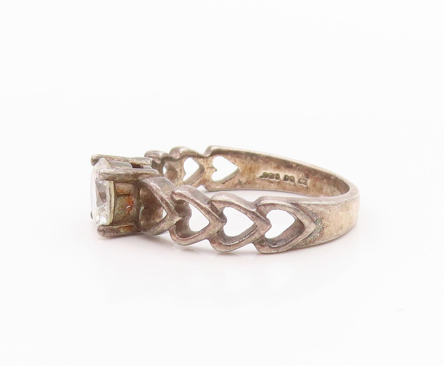925 Sterling Silver Vintage Ring Antique Topaz Hearts Cutout Band  Sz 7  RG33135