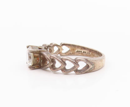 925 Sterling Silver Vintage Ring Antique Topaz Hearts Cutout Band  Sz 7  RG33135