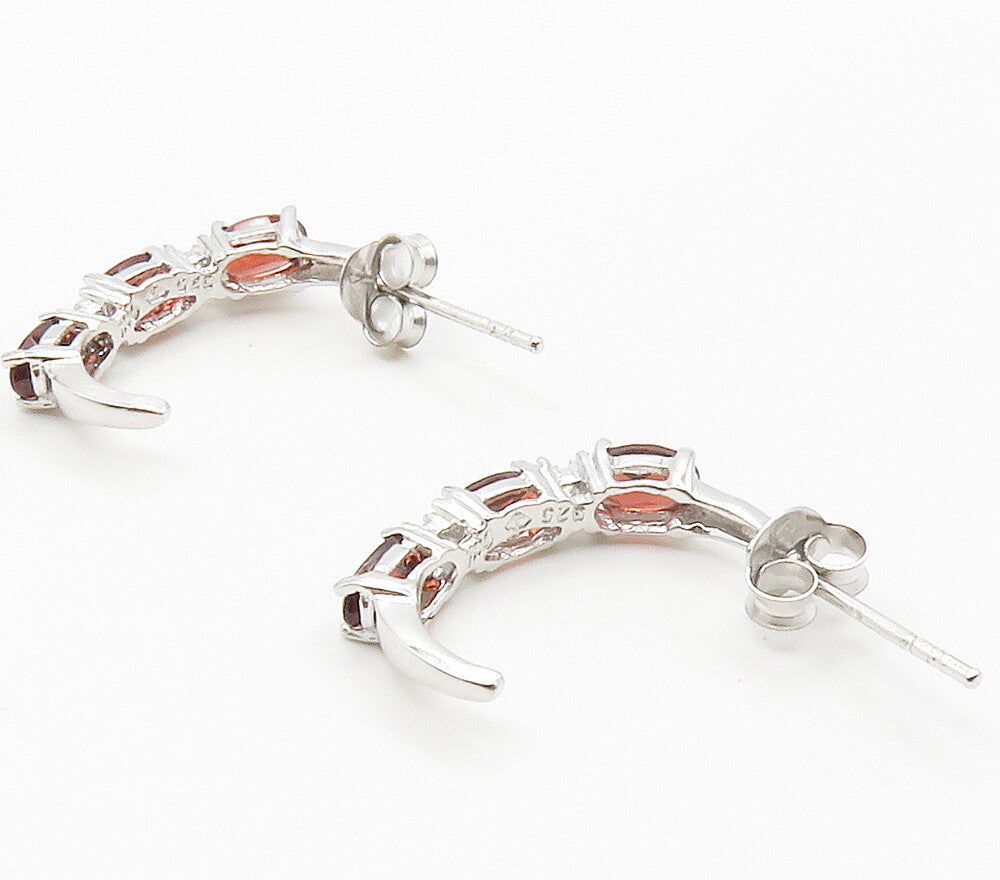 925 Sterling Silver  Red & White Topaz Shiny Curved Drop Earrings  EG7501