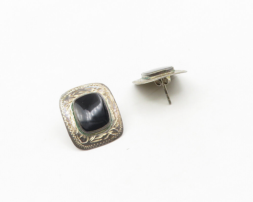925 Sterling Silver  Vintage Black Onyx Etched Border Drop Earrings  EG9186