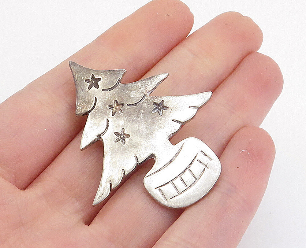 MEXICO 925 Sterling Silver  Vintage Christmas Tree Motif Brooch Pin  BP2888
