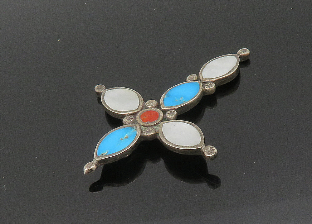ZUNI 925 Sterling Silver Vintage Turquoise & Mother Of Pearl Pendant PT16446