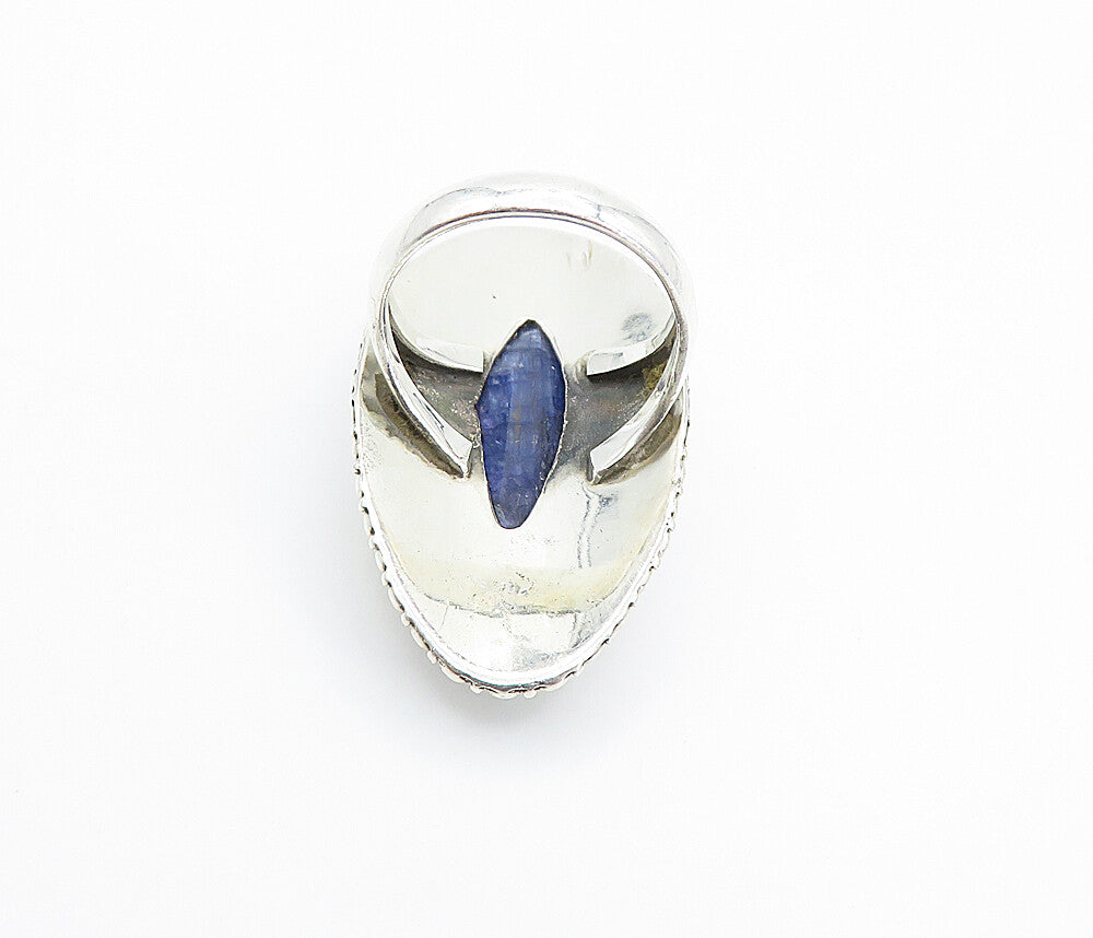 925 Sterling Silver  Sapphire Pointed Oval Shiny Cocktail Ring Sz 7  RG8156