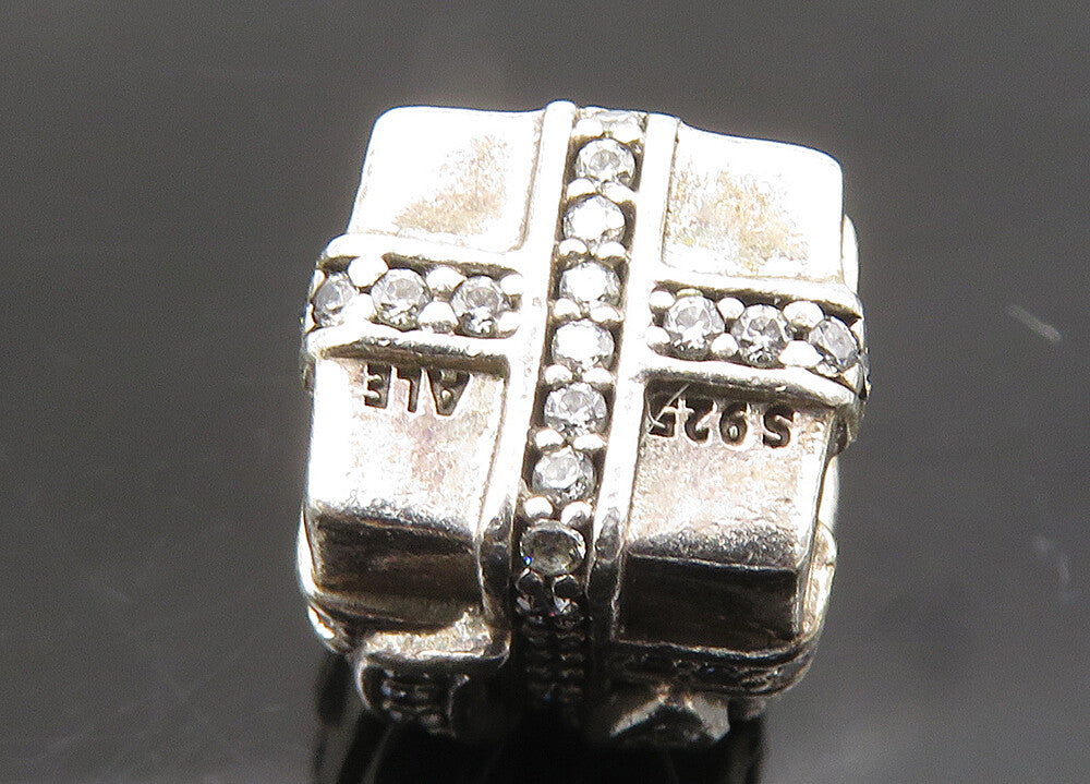 PANDORA 925 Silver  Vintage Shiny Topaz Gift Box Motif Slide Pendant  PT17498