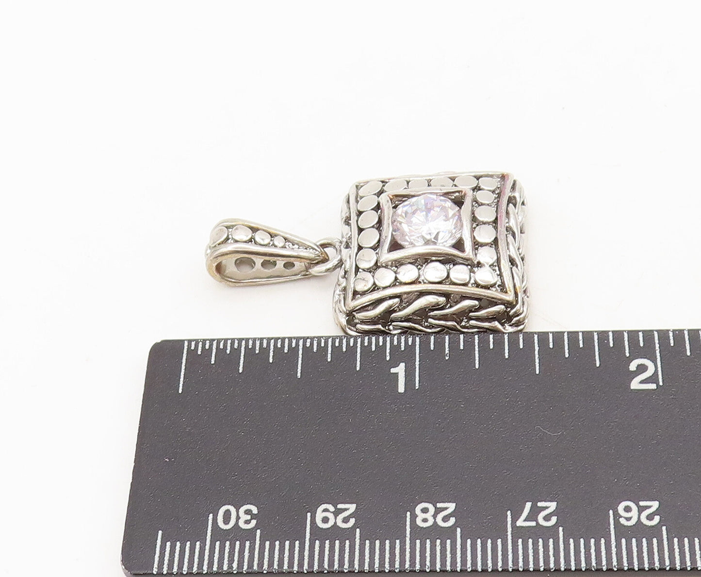 925 Sterling Silver Vintage Pendant Square Breaded Beaded Carved CZ  PT22510