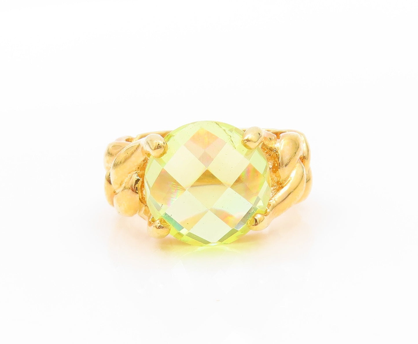 925 Sterling Silver Vintage Ring Gold Plated Green Faceted Glass  Sz 7  RG32536