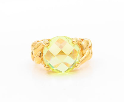 925 Sterling Silver Vintage Ring Gold Plated Green Faceted Glass  Sz 7  RG32536