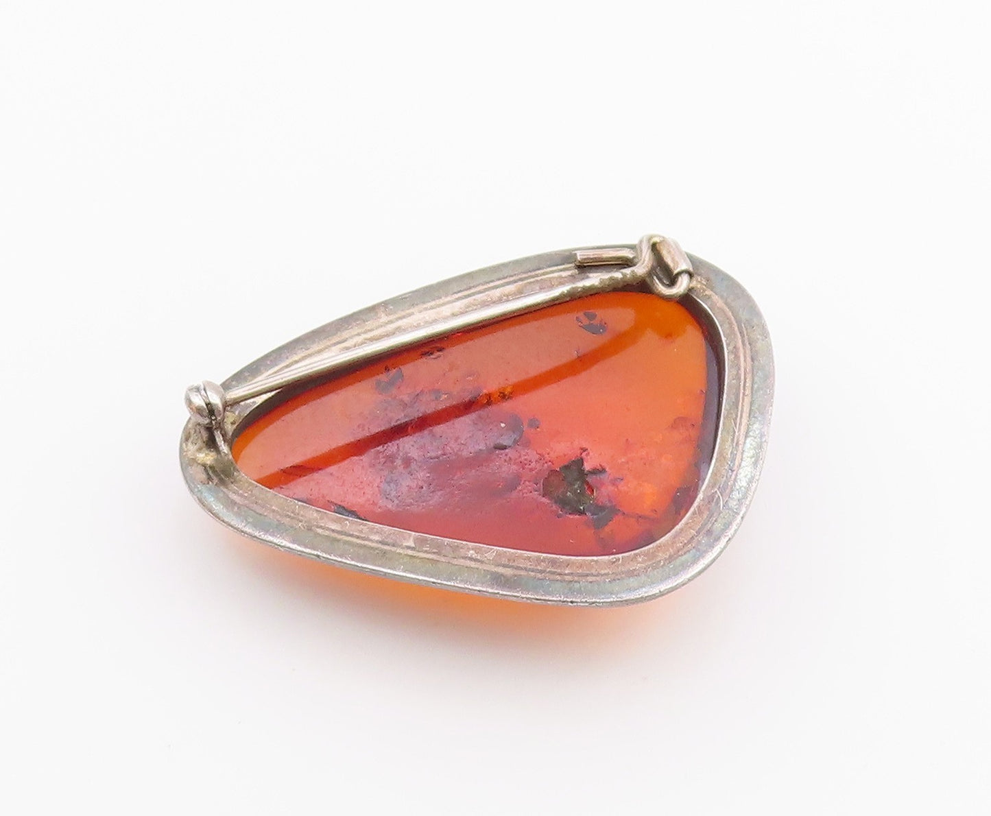 925 Sterling Silver  Vintage Cabochon Cut Amber Smooth Brooch Pin  BP9038