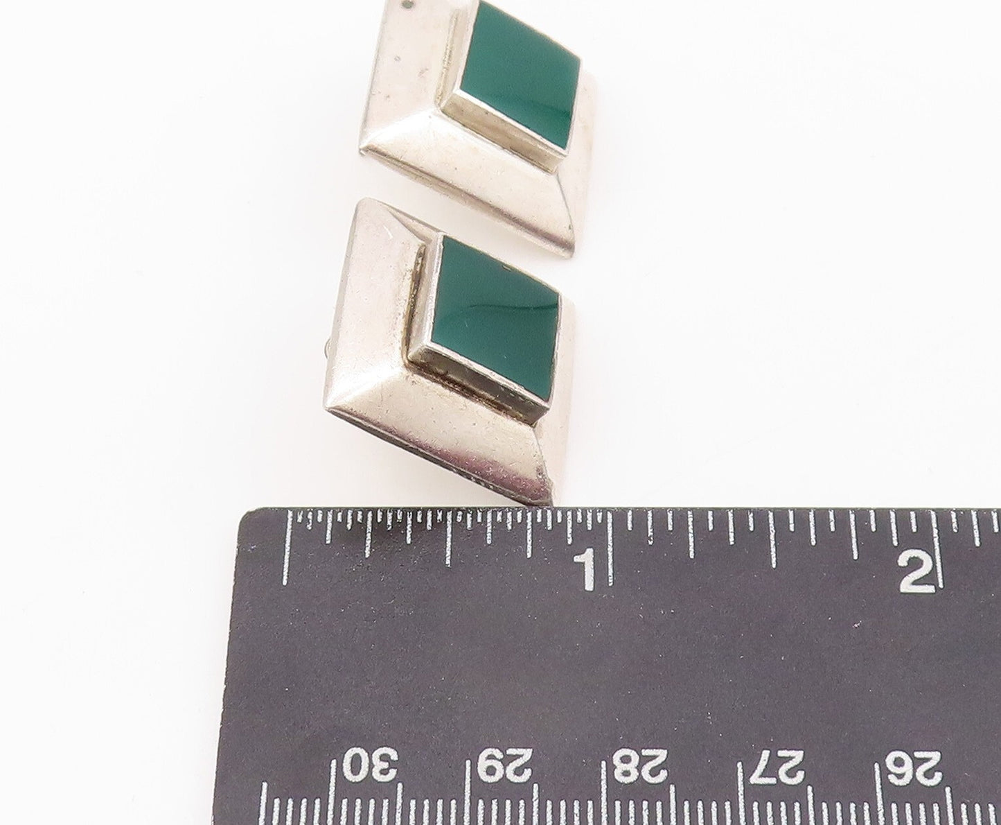 925 Sterling Silver Vintage Earrings Square Green Jade Halo Framed  EG13352