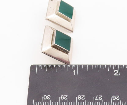925 Sterling Silver Vintage Earrings Square Green Jade Halo Framed  EG13352