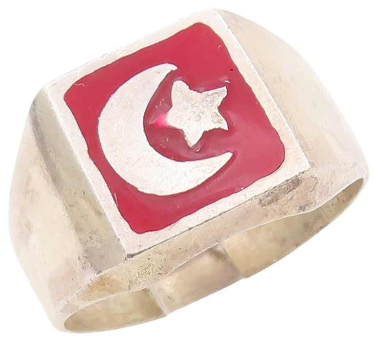 925 Sterling Silver Vintage Ring MEXICO Red Enameled Moon & Star  Sz 13  RG28997