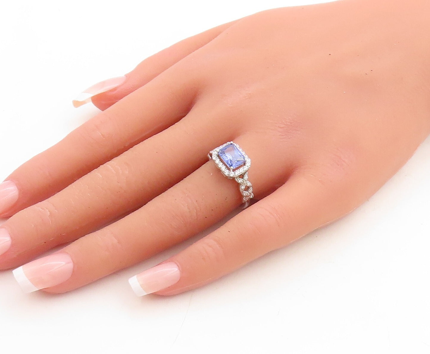 925 Sterling Silver Vintage Ring Rectangle Sapphire Halo CZ Band  Sz 7.5 RG31220