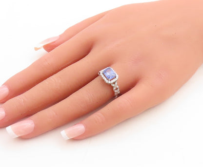 925 Sterling Silver Vintage Ring Rectangle Sapphire Halo CZ Band  Sz 7.5 RG31220